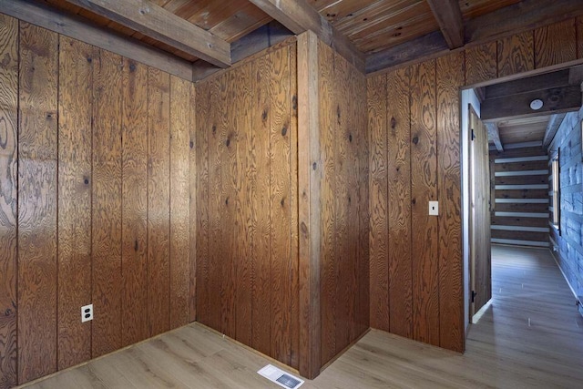 interior space featuring wood ceiling, visible vents, wooden walls, and light wood finished floors