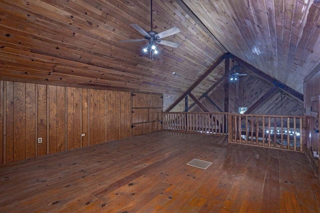 bonus room with a ceiling fan, wood ceiling, wood-type flooring, vaulted ceiling, and wood walls