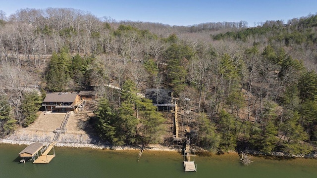 bird's eye view featuring a water view and a wooded view