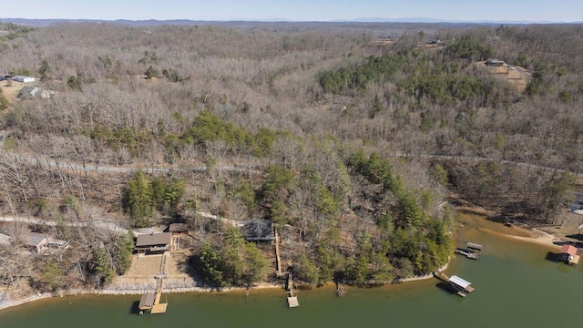 drone / aerial view featuring a water view and a wooded view