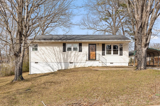 single story home featuring a detached carport, a front lawn, and crawl space