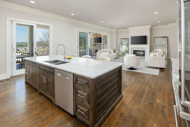 kitchen with a sink, dishwasher, a wealth of natural light, and a fireplace