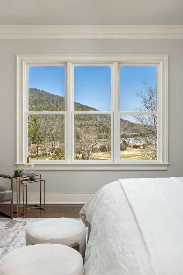 bedroom with crown molding, multiple windows, wood finished floors, and baseboards