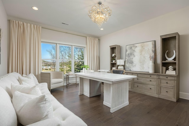 home office featuring dark wood-type flooring, recessed lighting, visible vents, and a chandelier