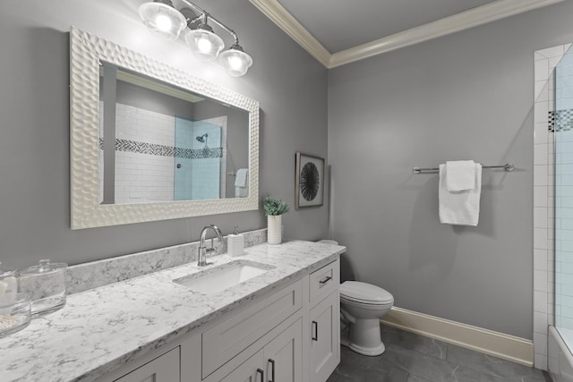 full bath featuring tile patterned flooring, baseboards, toilet, ornamental molding, and vanity