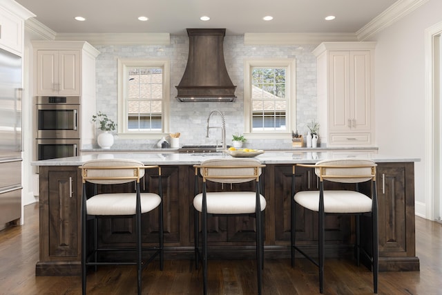 kitchen with premium range hood, stainless steel appliances, plenty of natural light, and crown molding