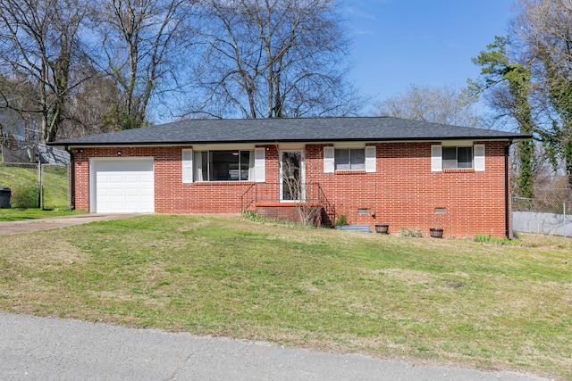 single story home featuring brick siding, a shingled roof, crawl space, an attached garage, and a front yard