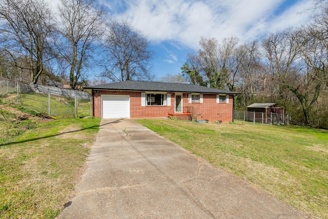 view of front of house featuring driveway, crawl space, an attached garage, fence, and a front lawn