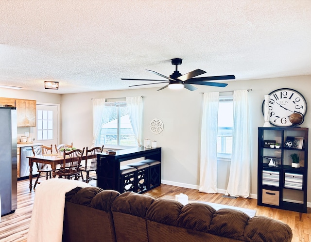 living area featuring baseboards, plenty of natural light, light wood-style flooring, and a textured ceiling