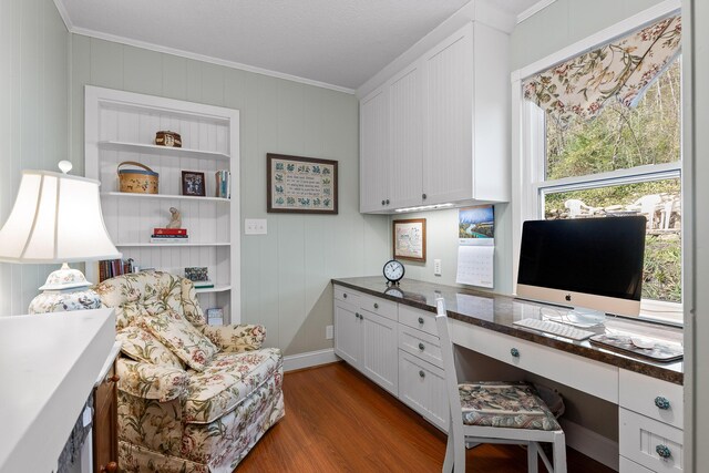 office space featuring dark wood-style floors and crown molding