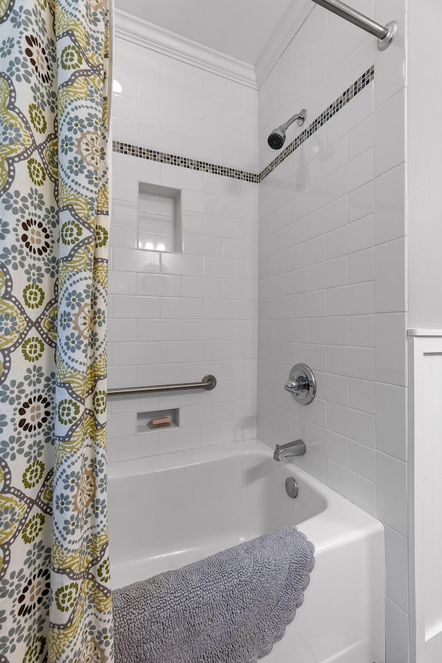 full bath with ornamental molding and shower / tub combo with curtain