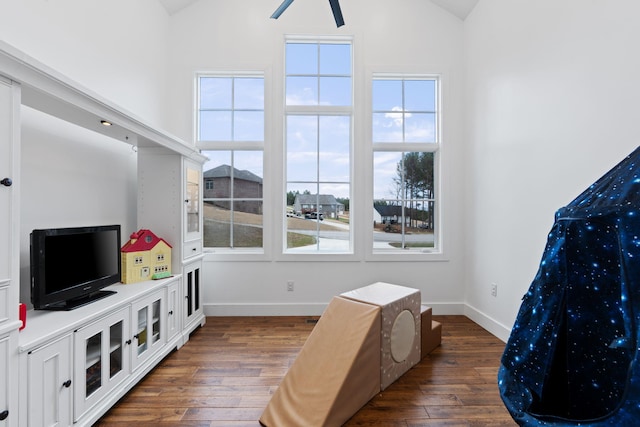 interior space featuring high vaulted ceiling, dark wood-style flooring, and baseboards