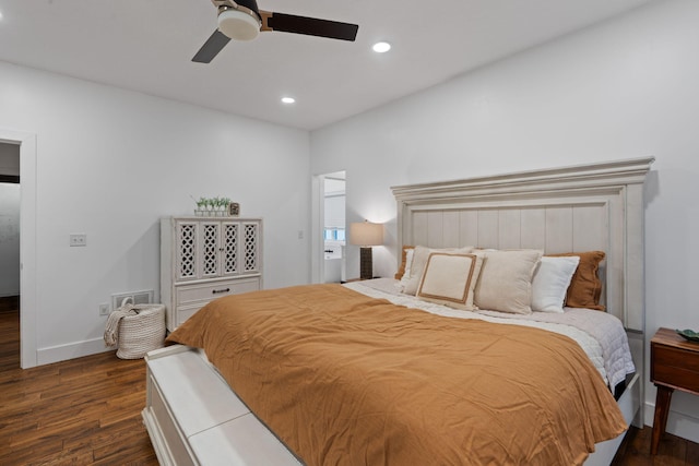 bedroom featuring dark wood-style floors, recessed lighting, ceiling fan, and baseboards