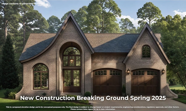 view of front of property with brick siding, concrete driveway, roof with shingles, french doors, and a garage