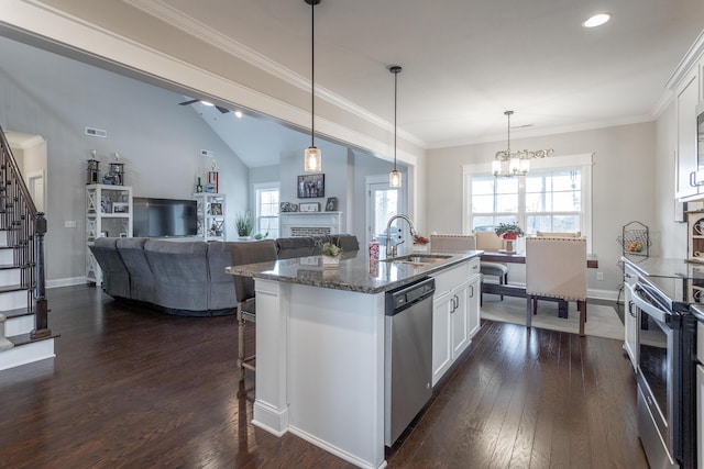 kitchen featuring dark wood finished floors, ornamental molding, stainless steel appliances, a fireplace, and a sink