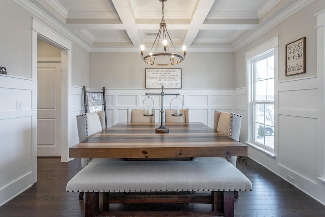 dining space with dark wood-type flooring, coffered ceiling, beam ceiling, and a notable chandelier