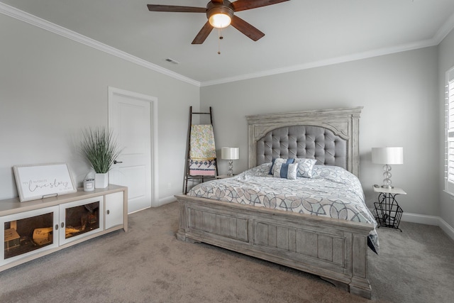 bedroom featuring ornamental molding, visible vents, and carpet flooring