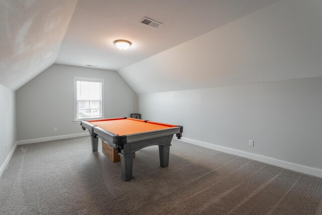 game room featuring carpet, baseboards, and vaulted ceiling