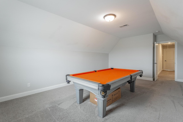 recreation room featuring lofted ceiling, carpet, visible vents, and baseboards