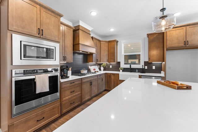 kitchen featuring backsplash, dark wood-style floors, custom exhaust hood, stainless steel appliances, and a sink