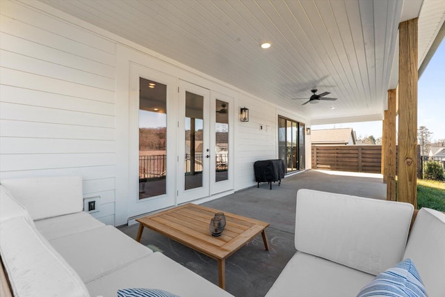 view of patio / terrace with french doors, an outdoor hangout area, and ceiling fan