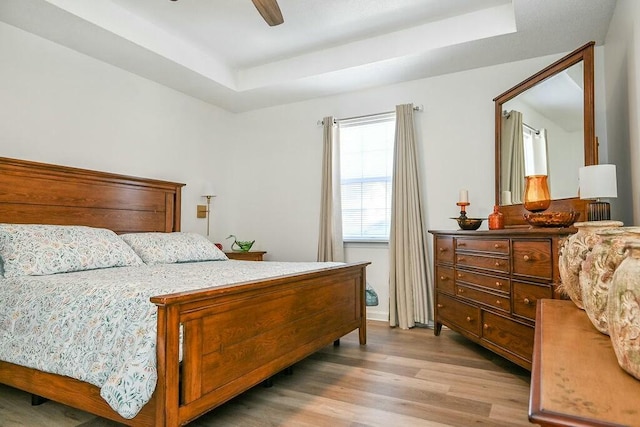 bedroom featuring light wood-type flooring, a tray ceiling, and a ceiling fan