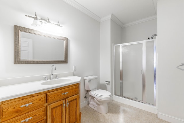 bathroom featuring vanity, a shower stall, toilet, and crown molding