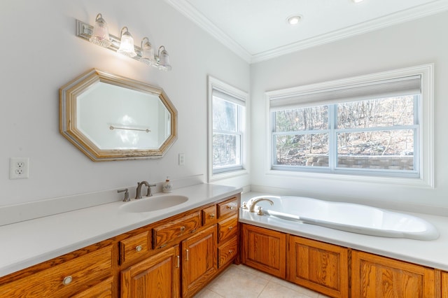 full bathroom with a bath, vanity, crown molding, and tile patterned floors