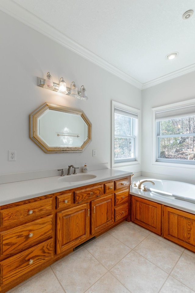 full bath featuring a bath, tile patterned flooring, crown molding, and vanity