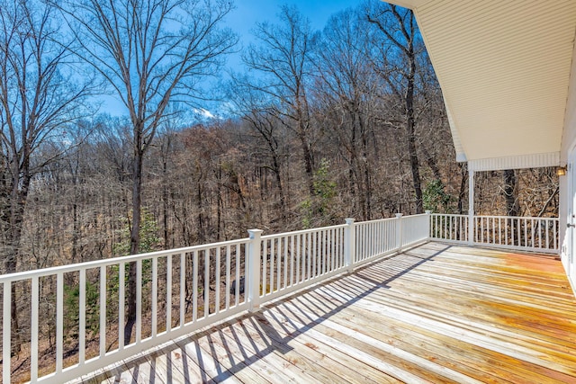 wooden terrace with a view of trees