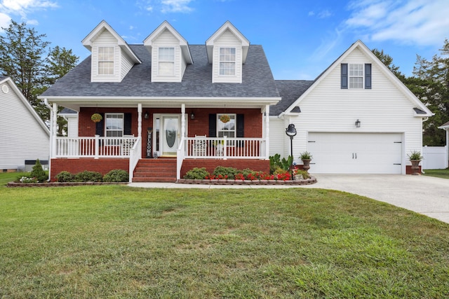 cape cod house with a porch, a garage, brick siding, concrete driveway, and a front lawn