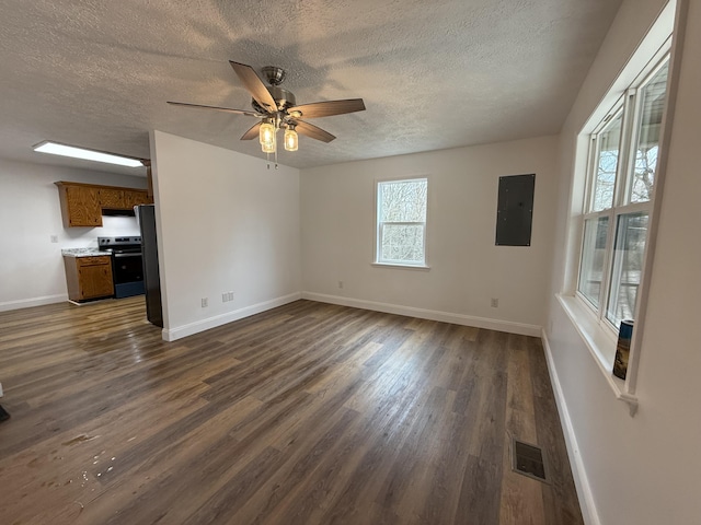 unfurnished living room featuring electric panel, baseboards, visible vents, a ceiling fan, and dark wood-type flooring