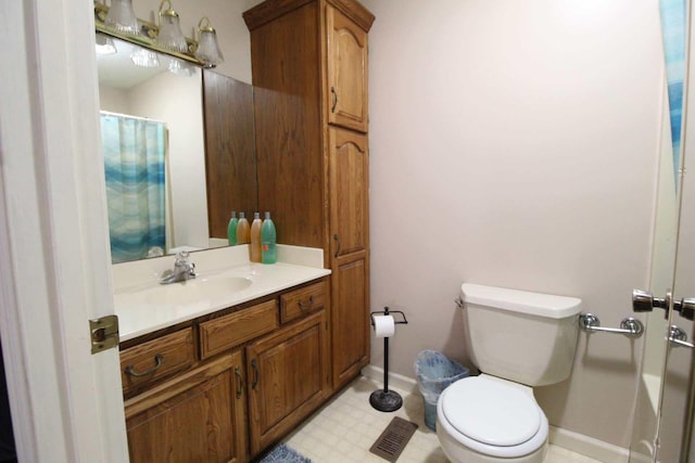 full bathroom with baseboards, toilet, tile patterned floors, curtained shower, and vanity