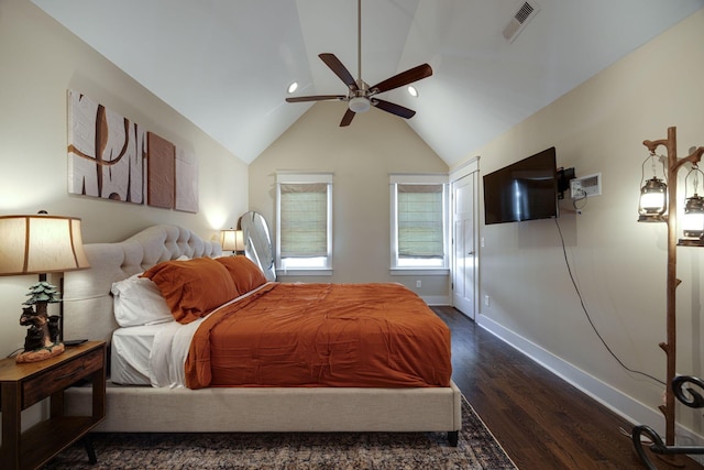 bedroom with dark wood-style floors, lofted ceiling, visible vents, ceiling fan, and baseboards