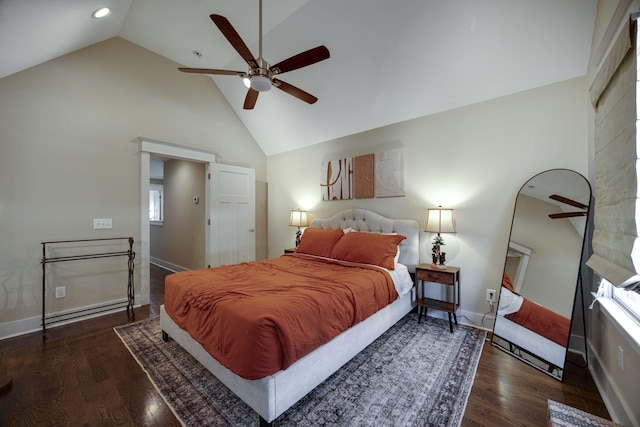 bedroom with high vaulted ceiling, wood finished floors, a ceiling fan, and baseboards