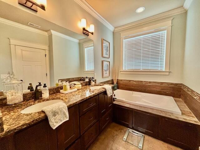 bathroom featuring visible vents, double vanity, ornamental molding, a garden tub, and tile patterned floors