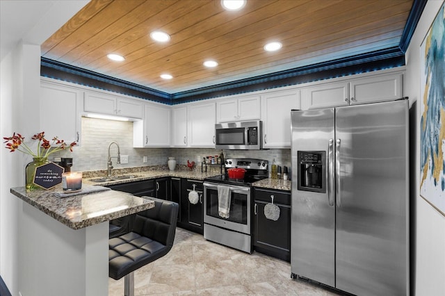 kitchen with a sink, stainless steel appliances, wood ceiling, white cabinetry, and tasteful backsplash