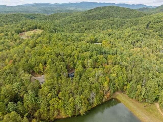 bird's eye view featuring a forest view and a water and mountain view