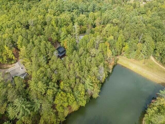 birds eye view of property with a wooded view and a water view