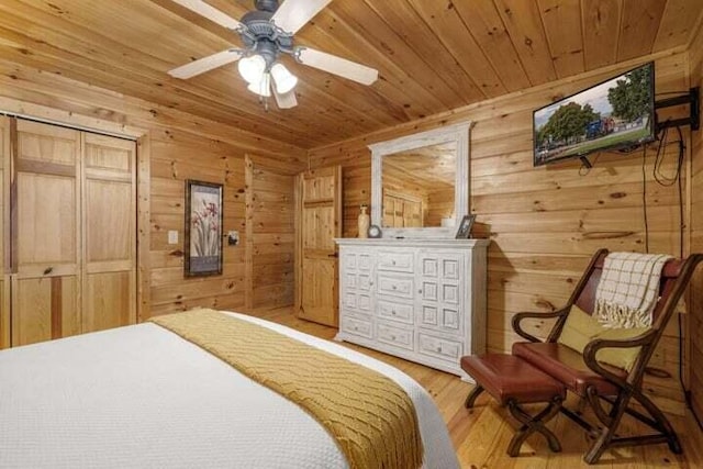 bedroom featuring wood finished floors, wooden ceiling, and wood walls