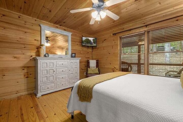 bedroom featuring wooden walls, light wood-style flooring, wooden ceiling, and ceiling fan