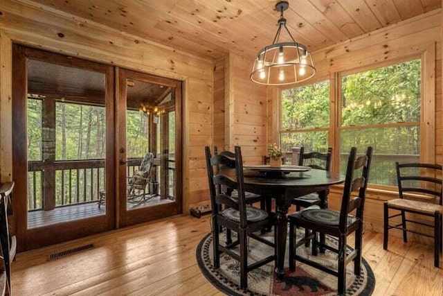 dining area featuring light wood finished floors, visible vents, wood walls, and wood ceiling