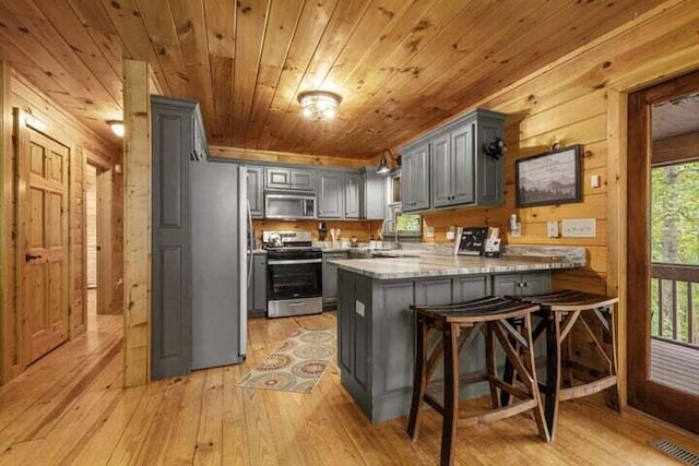 kitchen with visible vents, gray cabinets, a peninsula, light wood-style floors, and stainless steel appliances