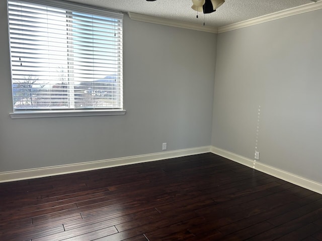 unfurnished room featuring a textured ceiling, crown molding, baseboards, ceiling fan, and dark wood-style flooring