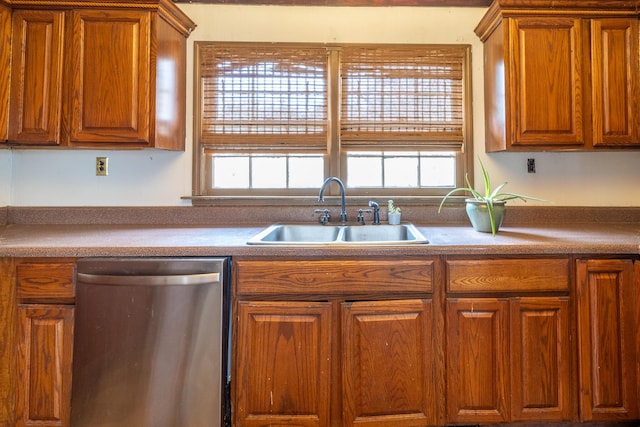 kitchen featuring a sink, brown cabinetry, and dishwasher