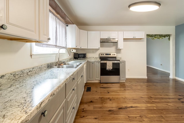 kitchen featuring under cabinet range hood, a sink, stainless steel electric stove, hardwood / wood-style floors, and baseboards