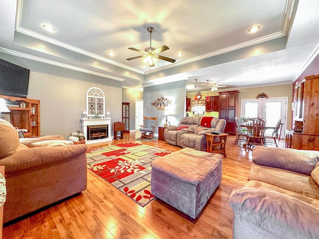 living room with a tray ceiling, light wood-style flooring, and a fireplace