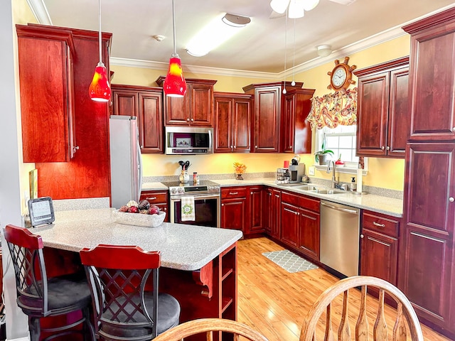 kitchen featuring dark brown cabinets, a peninsula, stainless steel appliances, and a sink