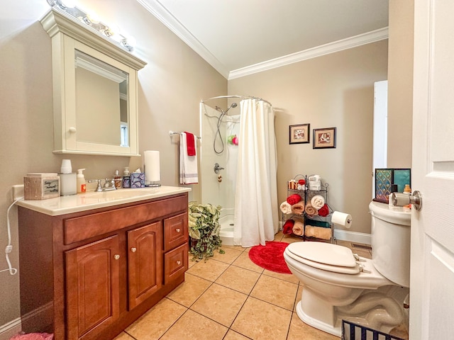 bathroom featuring tile patterned floors, toilet, ornamental molding, curtained shower, and vanity