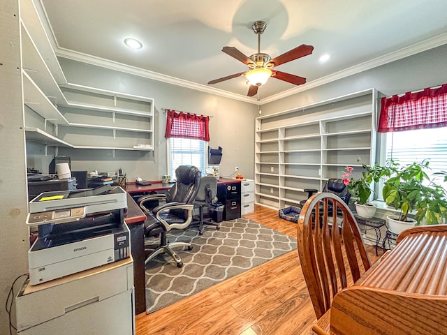 office with a ceiling fan, recessed lighting, wood finished floors, and ornamental molding